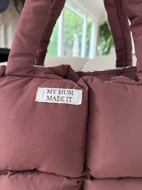 RARE My Mum Made It Pillow Tote Puffer Bag Burgundy Brown Quilted Puffy Tote Sold Out Scandi Style - Image 2
