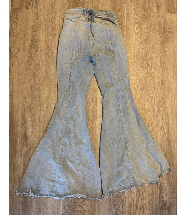 Free People CRVY High-Rise Lace-Up Back Flare Jeans Light Wash Denim - Image 2
