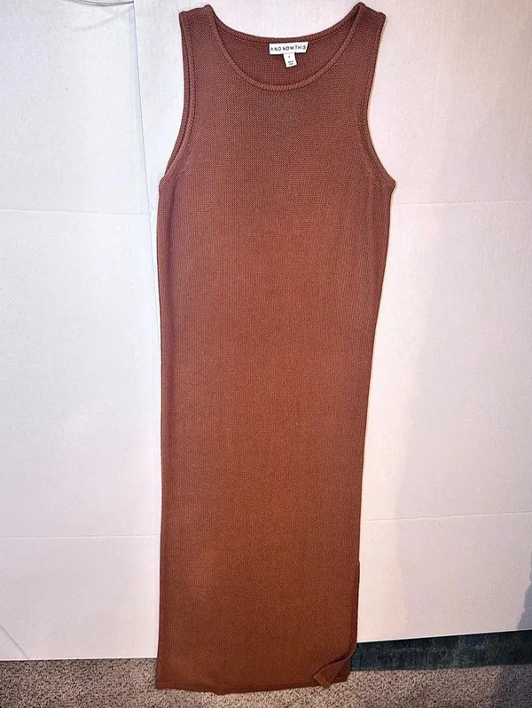And Now This Knit Maxi Dress S Rust Brown Sleeveless Side Slit Sweater Stretch - Image 2