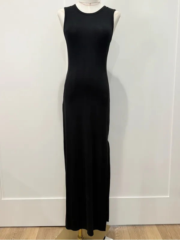 Quince Tencel Tank Maxi Dress Small Black Slit Minimal Vacation Classic Chic - Image 4