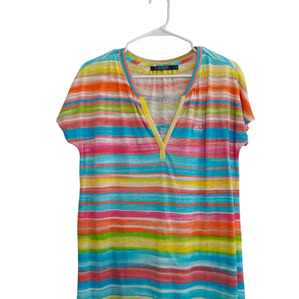 Lauren Ralph Lauren Striped Cotton Shift Dress Multi Color V-Neck‎ Embroidered - Image 2