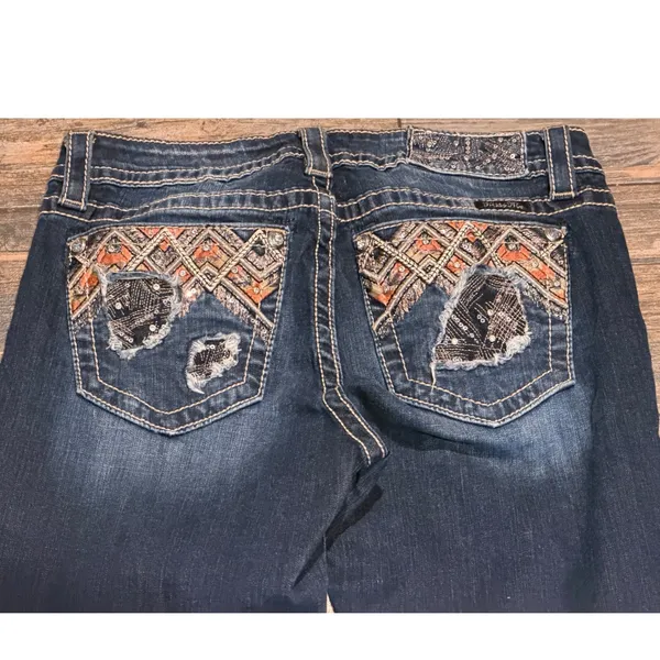 Miss Me Straight Leg Low Rise Dark Wash Embroidered Sequin Jeans 28x33 Y2K BKE - Image 2