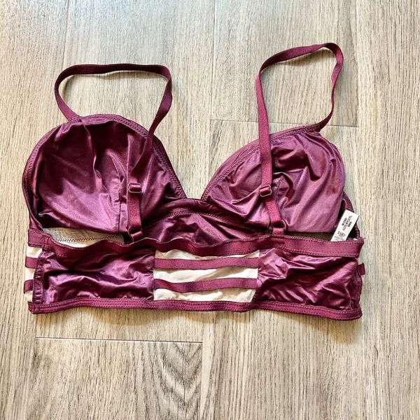 Victoria's Secret Strappy Mesh Long Line Plunge Satin Maroon Bralette Size M - Image 4