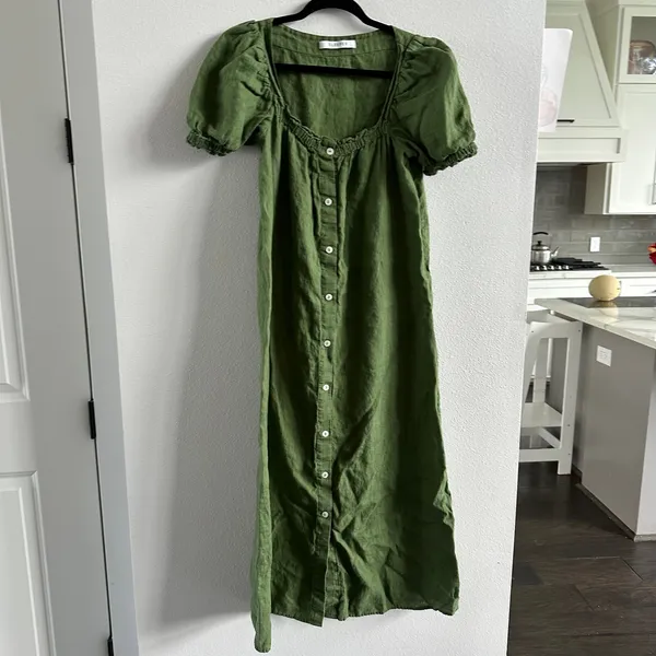 SLEEPER Brigitte Button Down Olive Green Midi Dress in Size Small - Image 4