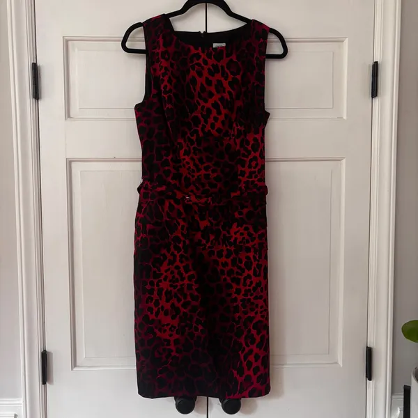 Cache‎ Vintage Red Black Leopard Print Midi Dress Belted Sheath Mob Wife Size 12 - Image 2