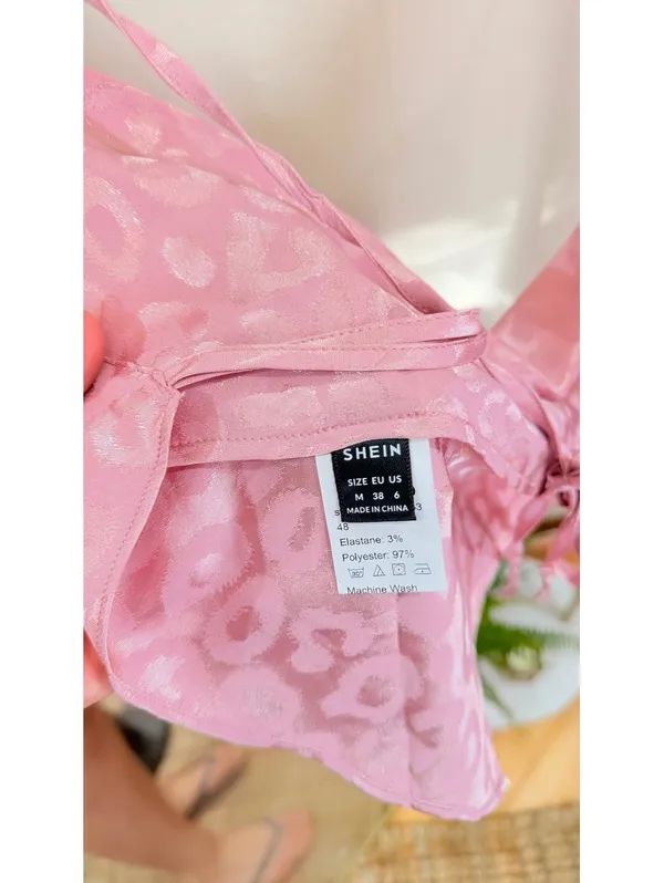 Size M Pink Satin Leopard Print Handkerchief Halter Top - Image 2