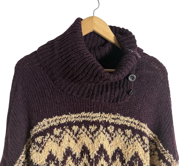 Free People Brown Fair Isle Split Turtleneck Wool Knit Winter Sweater M - Image 4