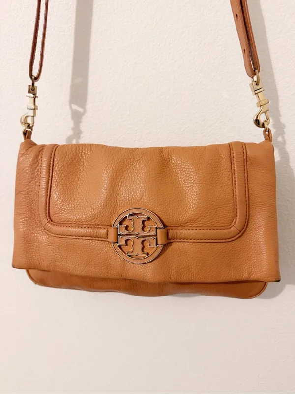 Tory Burch Amanda Fold Over Cross Body Satchel Bag Camel Tan Leather - Image 3