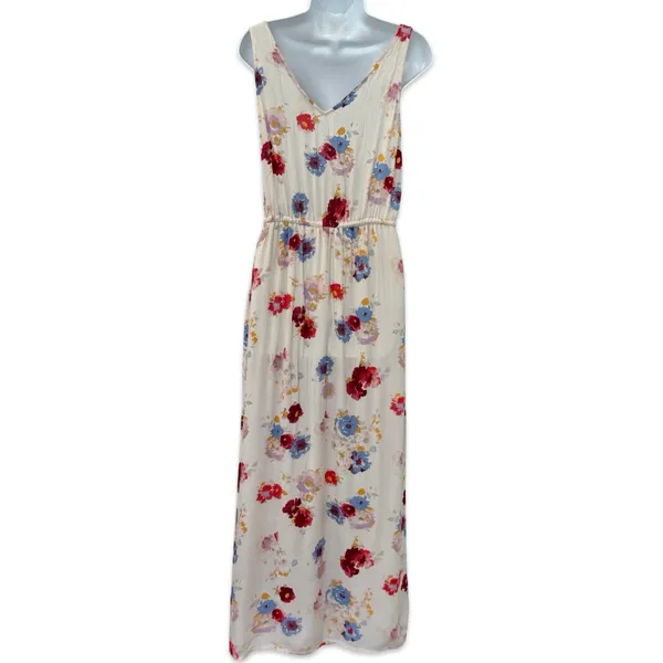 Lucky Brand Ivory Red Blue Floral Sleeveless Tie Waist V-Neck Maxi Dress size S - Image 5
