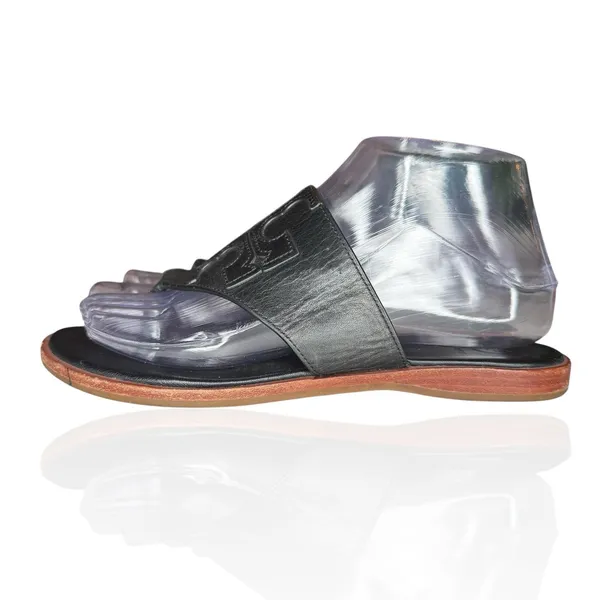Tory Burch Jamie Size 6.5 Full Logo Thong Sandals‎ Black Leather S/N 48275 - Image 6