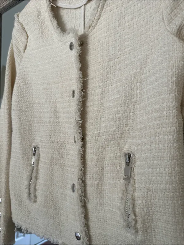 One/Third Ivory Cream Tweed Blazer Jacket Silver Details Size Small - Image 2