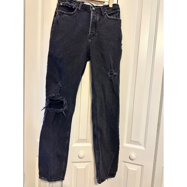 Abercrombie & Fitch High‎ Rise Mom Jeans Distressed Ripped Black Wash 28/6 - Image 3
