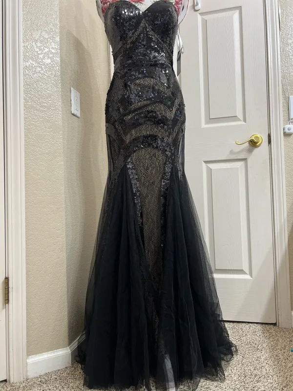 NWT Jovani Strapless Black Sequin Lace Tulle Mermaid Evening Dress Size 2 - Image 4