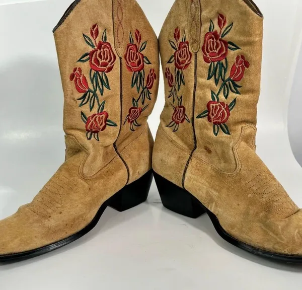 Vintage American West Trading Co. Brown Suede Rose Embroidered Cowgirl Boots 8 - Image 7