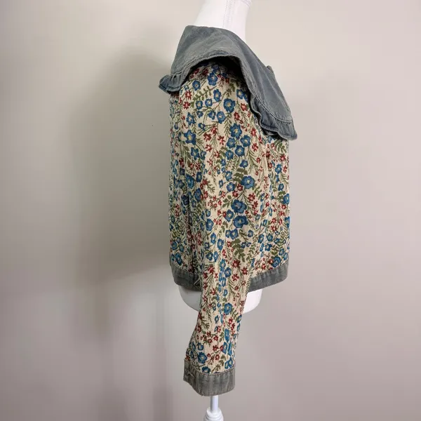 Floral Tapestry Denim Jacket Oversized Ruffle Peter Pan Collar Woven Medium - Image 3