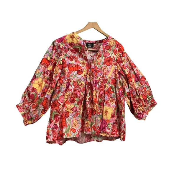 VICI Red Floral‎ Babydoll Top Medium 3/4 Balloon Sleeve Empire Waist Size M - Image 10