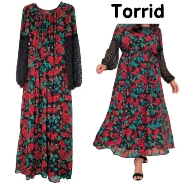 NWT Torrid chiffon maxi peasant lace sleeve floral dress sz 2x 18/20 - Image 4