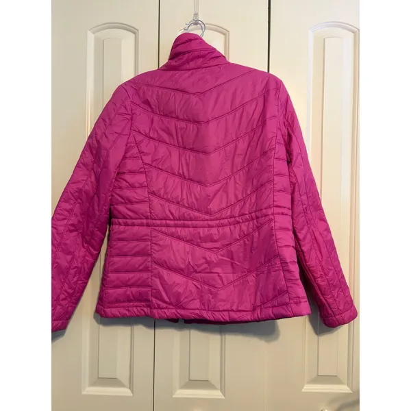 Guess Womens Fuchsia‎ Pink Quilted Puffer Jacket Heart Padlock Zip Size Large - Image 2