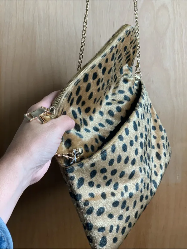 Leopard Print Foldover Crossbody Bag in Beige Faux Fur Cheetah Print Glam - Image 4