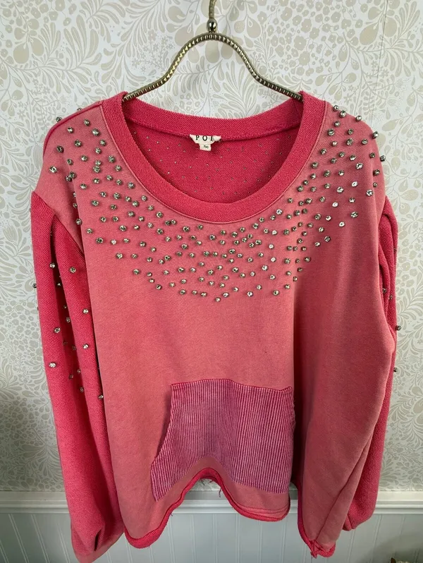 POL Pink Rhinestone Stud Accent Pocket Sweatshirt - Size - Medium - Image 7