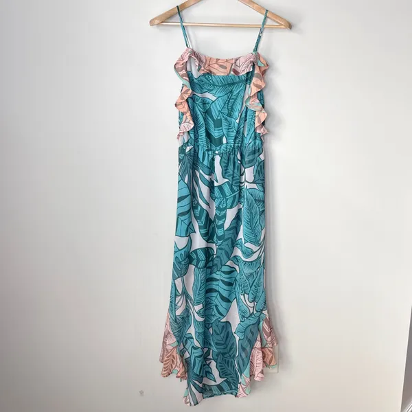 Farm Rio Anthropologie Ruffled Botanical Maxi Dress Tropical Teal‎ Pink Small - Image 5