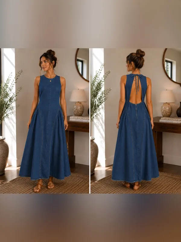Poselle Denim Open Back Maxi Dress Size L Cotton Blend Sleeveless A-Line Dress - Image 2