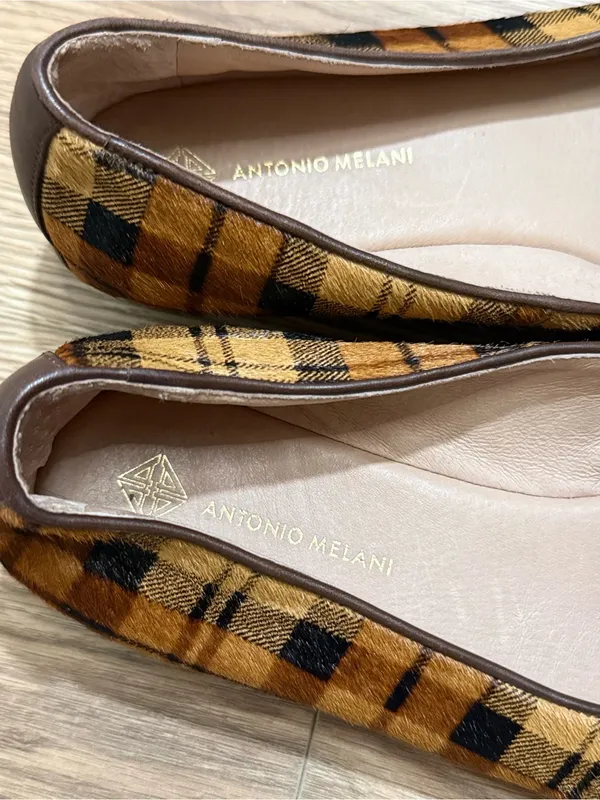 ANTONIO MELANI Larrah Plaid Calf Hair Loafers 9M Brown Tan Leather Flats‎ - Image 4