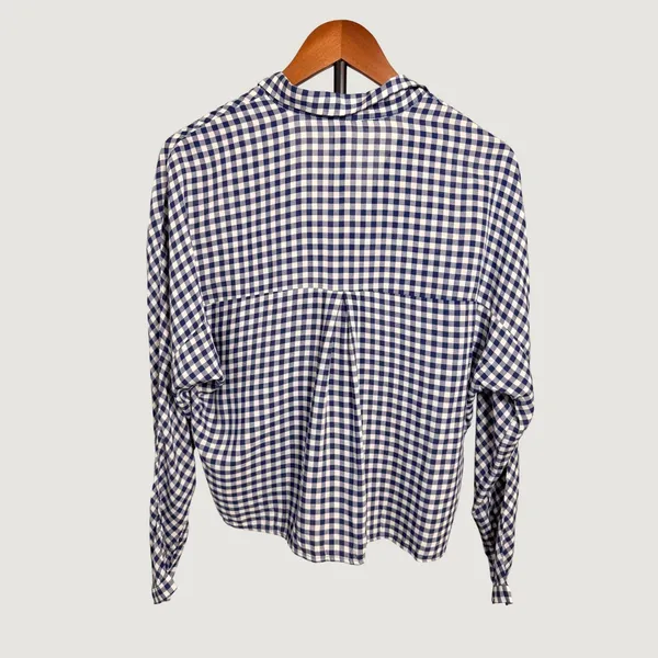 Zara Trafaluc Navy Blue Gingham Check Button Down Shirt Long Sleeve Medium - Image 3