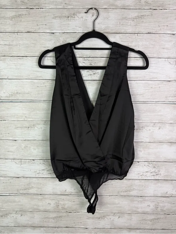 Lulus Prize Winning Black Satin Faux Wrap Bodysuit Size Small - Image 3