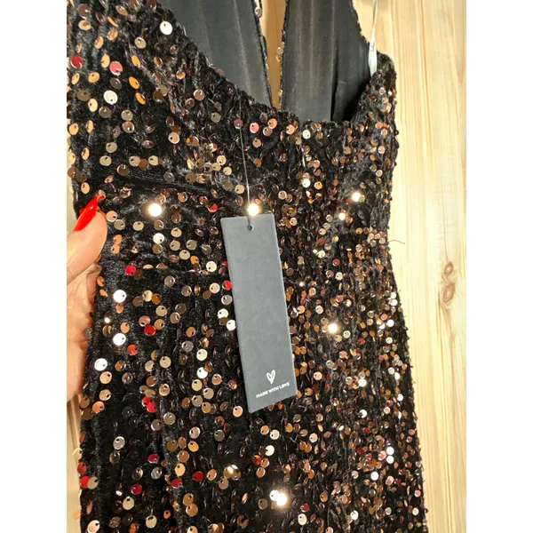 NWT Lulus Mesmerizing Diva Black Sequin Wide-Leg Halter Jumpsuit Party Size XS - Image 7