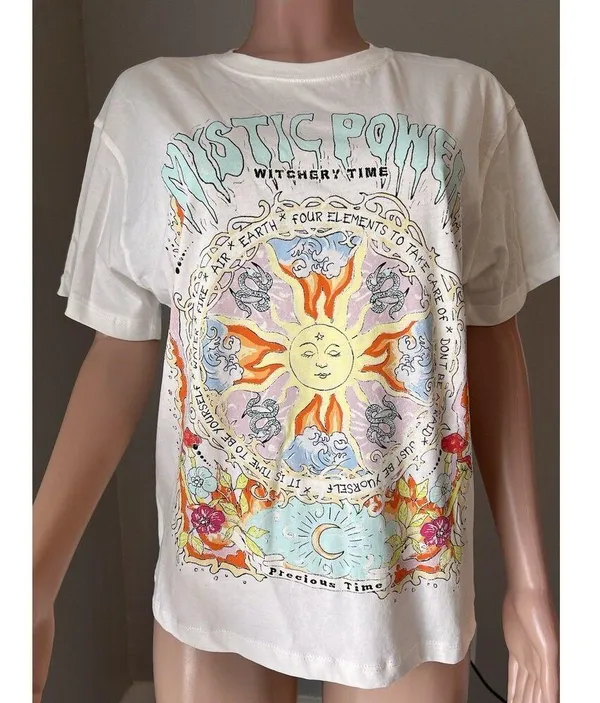 Bershka white multicolor Oversized shirt size Small "witchery time" mystic power - Image 2