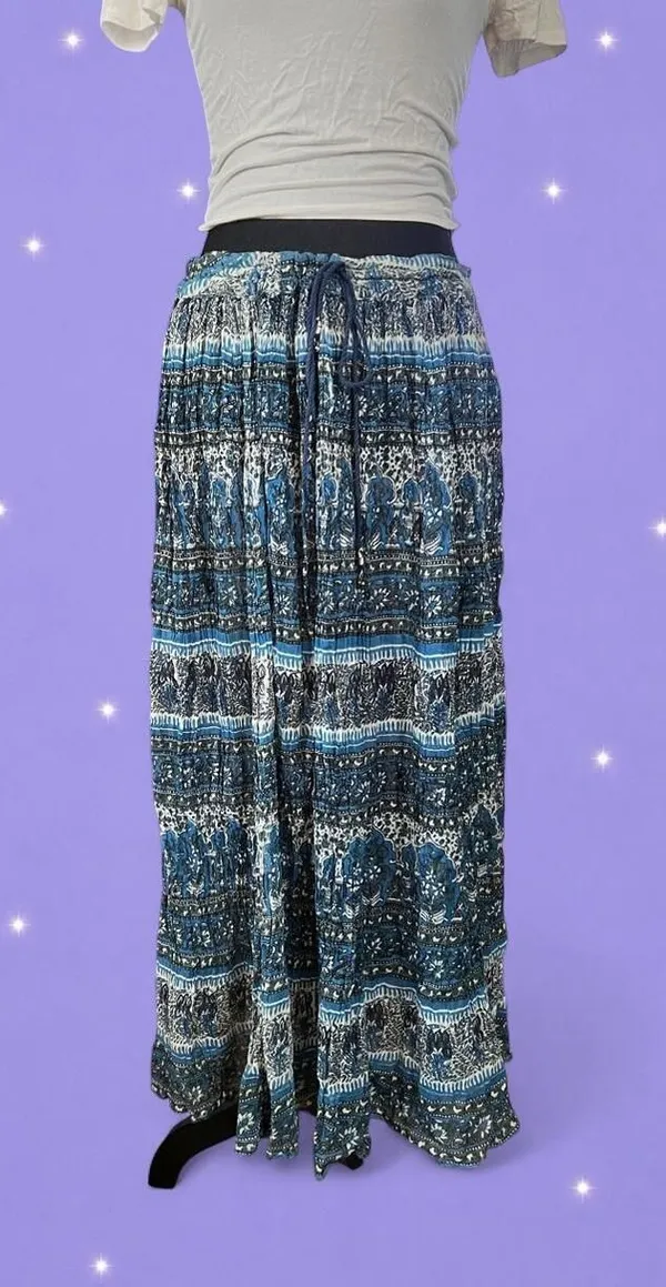 Vintage Y2K Blue Boho Indian Cotton Adjustable Drawstring Maxi Skirt One Size 💙 - Image 2