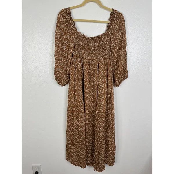 OPT Brown Floral Smocked Cotton Midi Dress Long Puff Sleeve Square Neck Pockets - Image 2