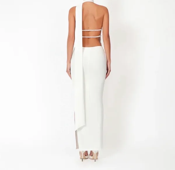 White Backless Halter Maxi Evening Gown with Pearl Back Straps from Khanum’s - Image 3