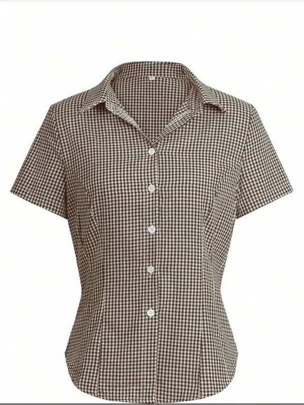 Brown Gingham Short Sleeve Button - Image 2