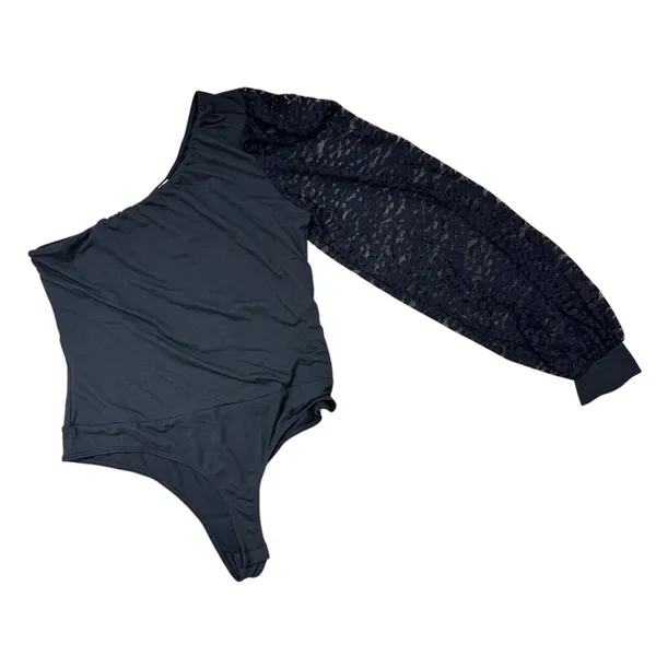 Elegant Black One-Shoulder Lace Sleeve Black Thong Bodysuit Medium Going Out Top - Image 2