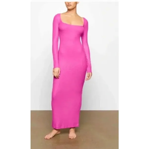 Skims Long Sleeve Dress Luxe Limited Edition Fuchsia Shimmer Foil Womens Medium - Image 13