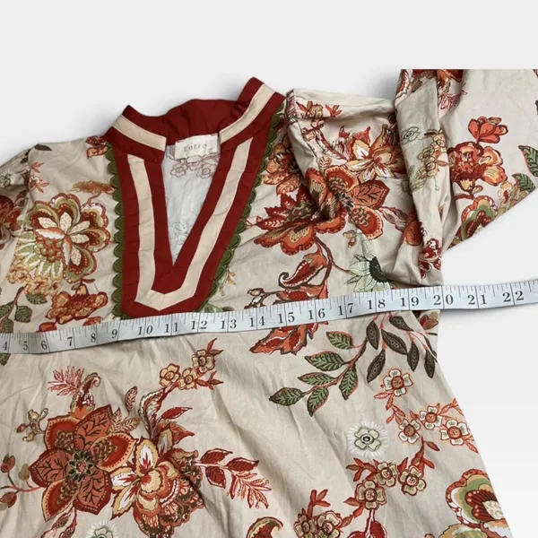 Entro Floral V-Neck Balloon Sleeve Fall Blouse Tan Orange Red Small - Image 4