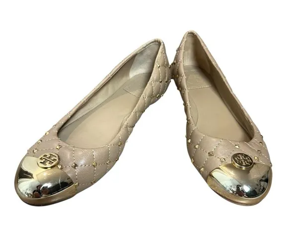 Tory Burch Kaitlin Taupe Gold Cap Toe Studded Medallion Slip On Ballet Flats 6.5 - Image 5