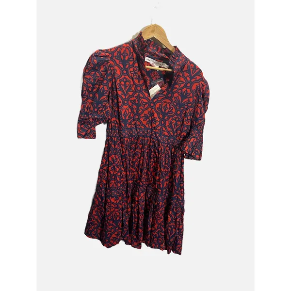 Gretchen Scott Wall of Secrets Dress Womens S Navy Red‎ Damask Tiered Mini Boho - Image 2