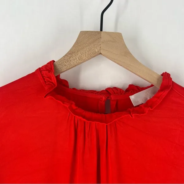 RP Rachel Parcell‎ Red Ruffle Neck Satin Blouse Long Bishop Sleeves - Image 3