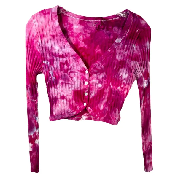 Aerie Medium Crop Top Handmade Tie Dye Long Sleeve‎ Hot Pink Knit Preppy 1025 - Image 2