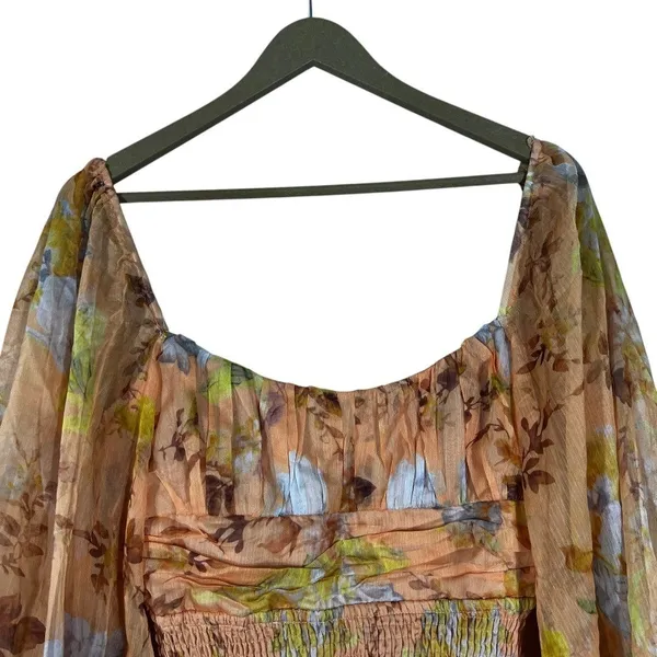 Here Comes The Sun Floral Smocked Balloon Sleeve Back Tie Mini Dress Orange Sz M - Image 3