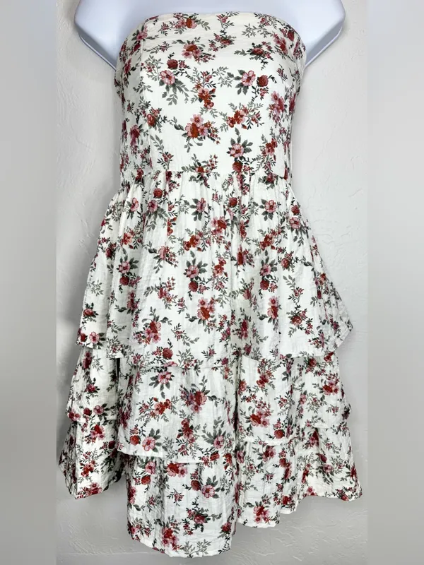 Altar'd State Ivory Strapless Floral Tiered Mini Dress Size Large - Image 3