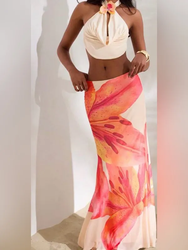 Floral Red-Orange Maxi Skirt with Cream Top - Image 3