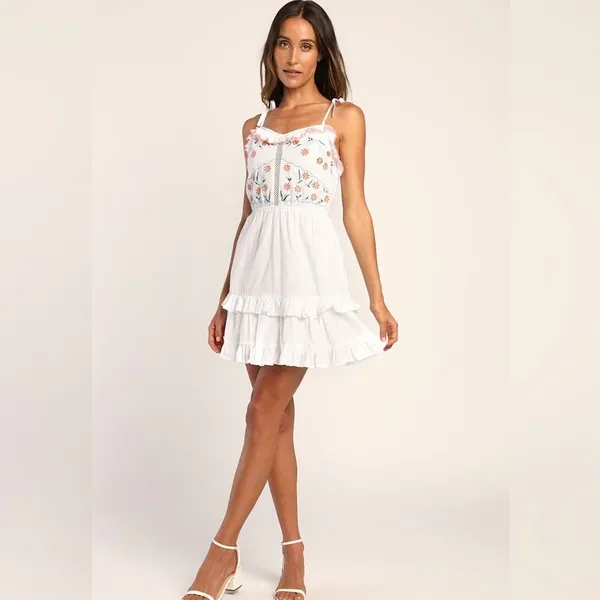 Lulus White Floral Embroidered Tie Strap Mini Dress Large 100% Cotton - Image 2