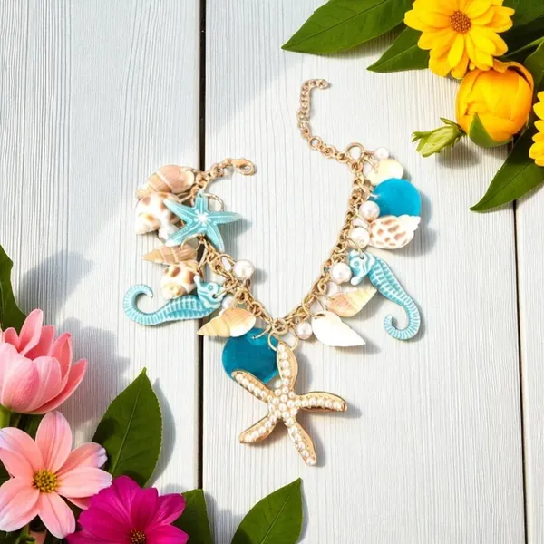 Ocean-Themed Charm Bracelet‎ with Blue and Gold Color Accents - Image 3