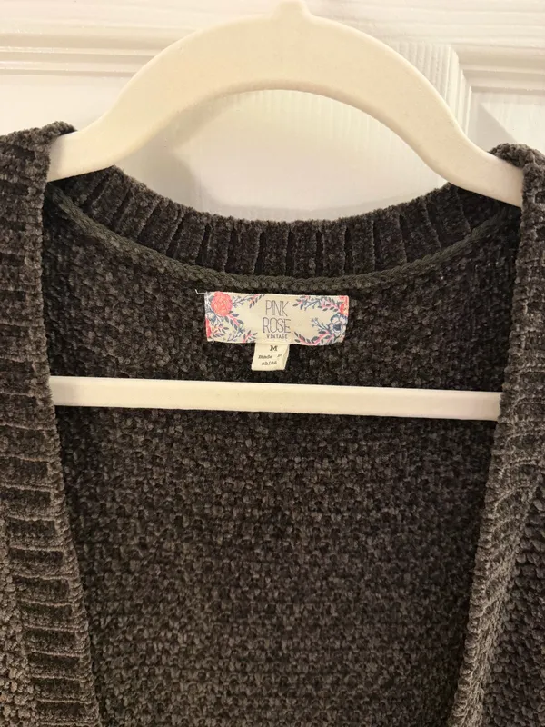 Pink Rose Dark Green Chenille Knit Open Cardigan Medium - Image 4