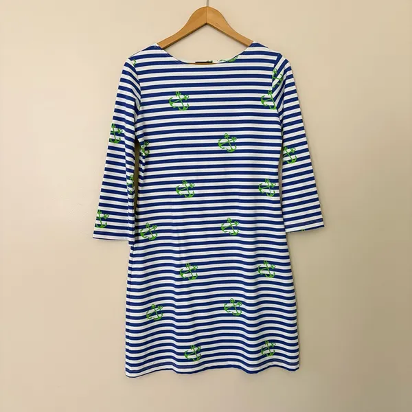 Melly M Nautical Stripe‎ Anchor Dress 3/4 Sleeve Boat Neck Size M Made in USA - Image 2
