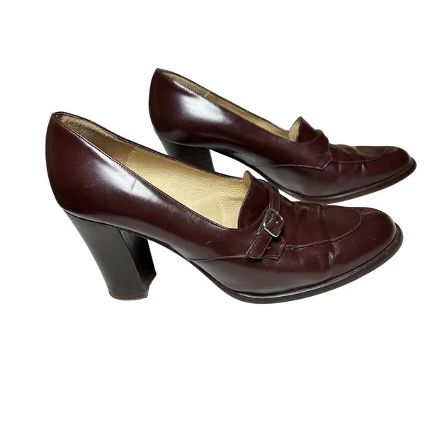 Vintage Kenneth Cole Spain Brown Leather Block Heel Loafers Buckle Strap 9 - Image 3